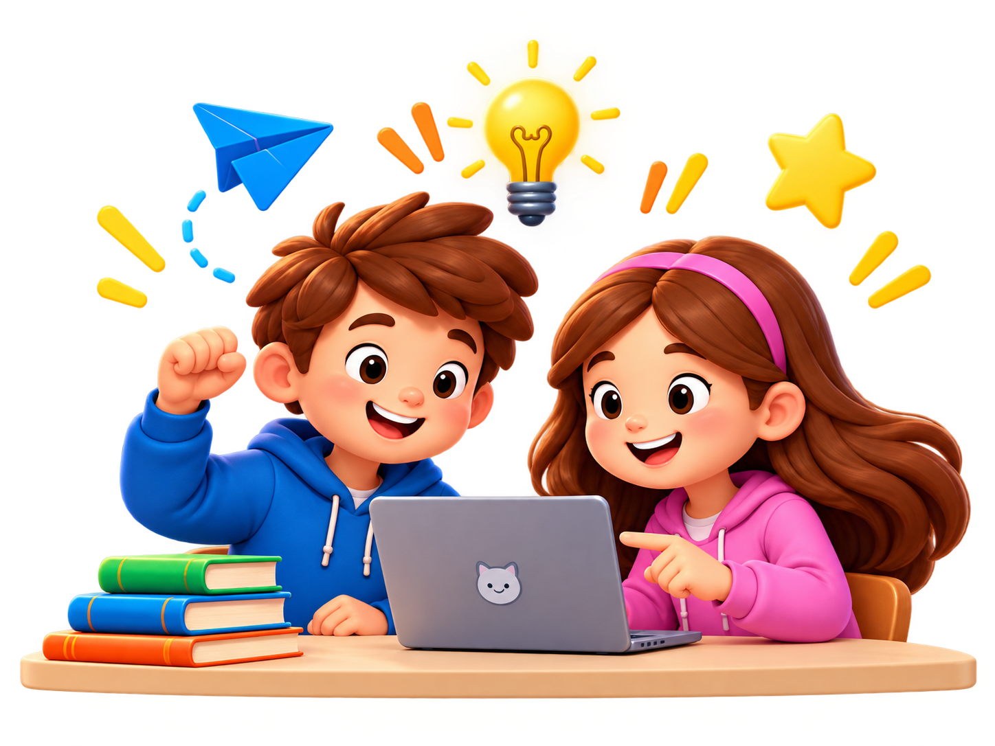 Duas crianças a aprender com um computador e livros